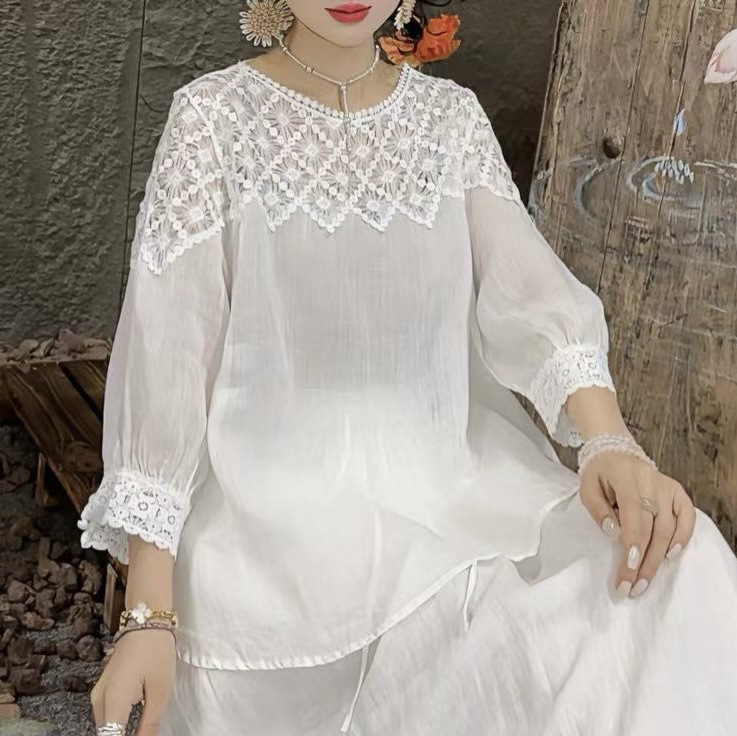 2026 New Summer Style Breathable Ramie Spliced Lace Long-Sleeved Shirt for Women Pure Color Pullover Shirt 2026 New Summer Style Breathable Ramie Spliced Lace Long-Sleeved Shirt for Women Pure Color Pullover Shirt