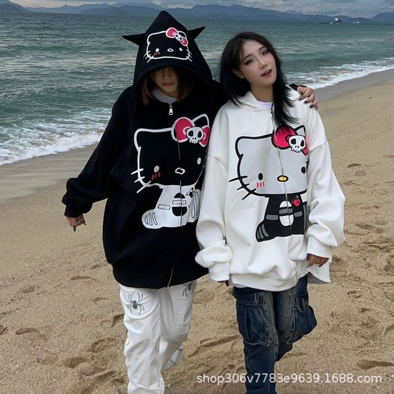 thumbnail image 2 of Huamian imitación de terciopelo de algodón #360g #HelloKitty sudadera con capucha con estampado de gato chaqueta tipo cárdigan suelta, 2 of 5