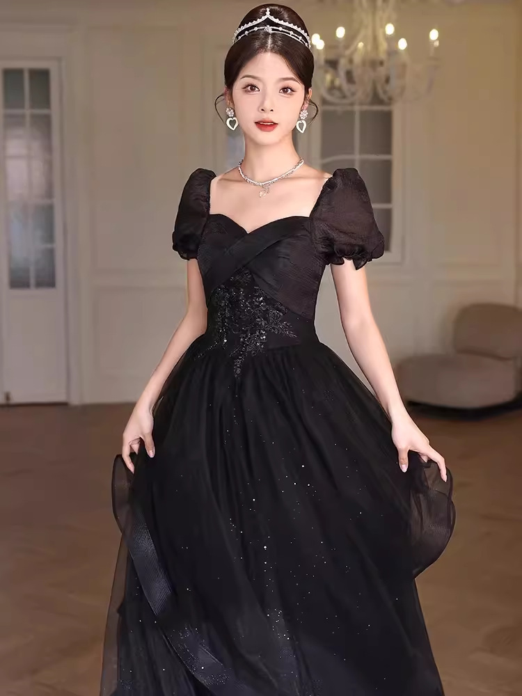 Vestido de noche negro vestido de banquete femenino temperamento lujoso ligero de alto nivel estudiante de alta gama exámenes de arte presidieron el vestido de actuación de mitzvah