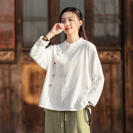 2026秋季新款棉麻女装复古立领偏襟拼色砂洗盘扣上衣长袖女式衬衫