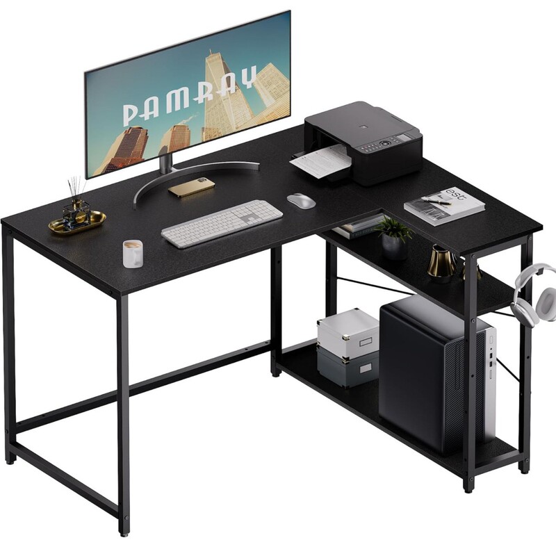 L-Shaped Computer Desk with Double-Sided Storage Shelves Small Corner Table Small Space Home Office Writing Study Pc Table