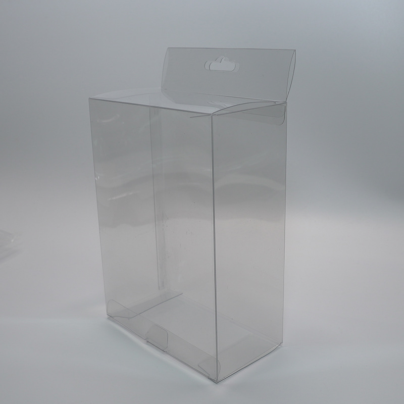 Caja transparente de PVC con gancho, caja de embalaje de plástico para mascotas, caja plegable, caja cuadrada en blanco, caja de almacenamiento plegable