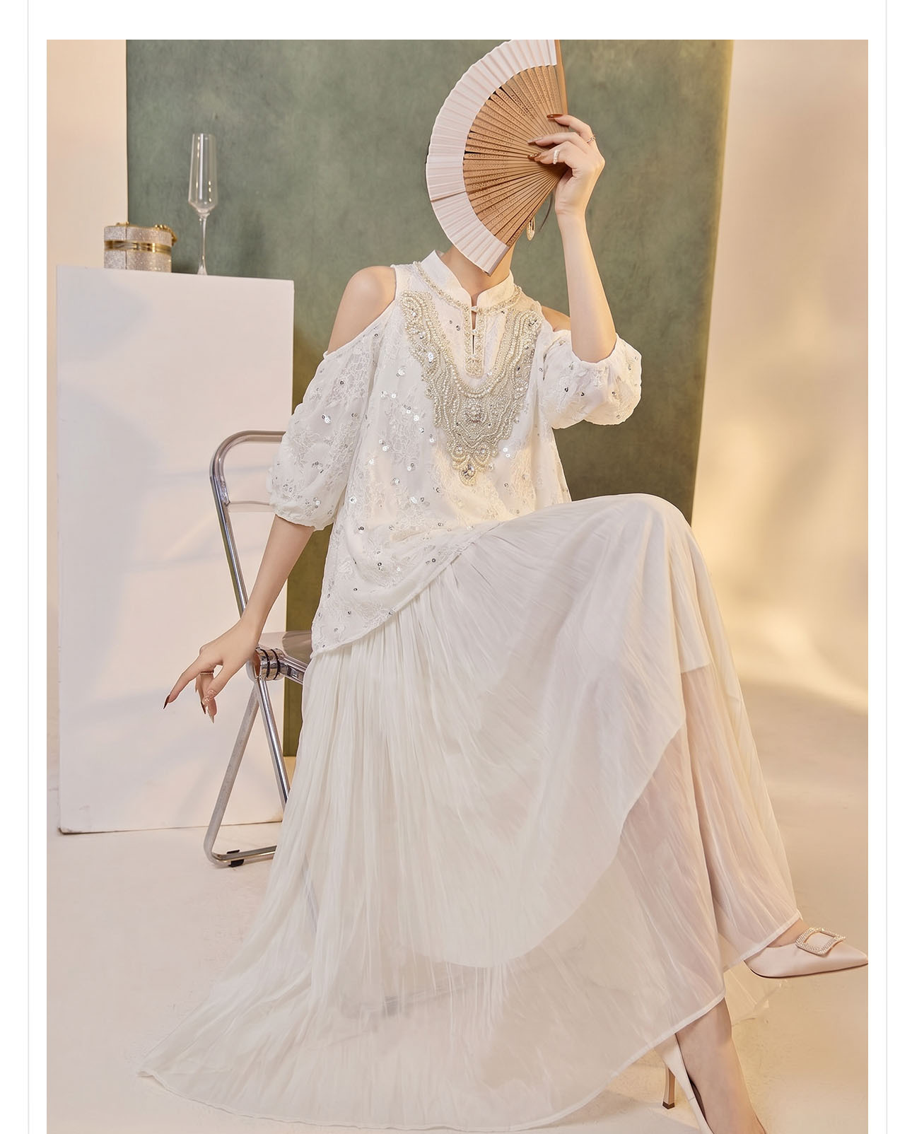 Đầm maxi tay bong bóng mở rộng vai — Tuyết Xanh, Aurora trắng chi tiết 3