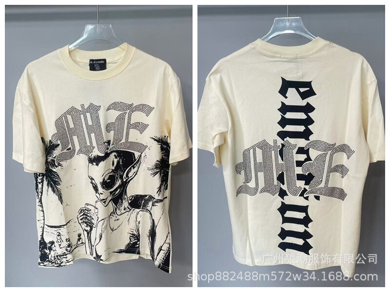 MIXED EMOTION レトロホットダイヤモンドプリントロゴ美しいトレンディなラウンドネックルーズカジュアル半袖Tシャツ男性と女性用|undefined