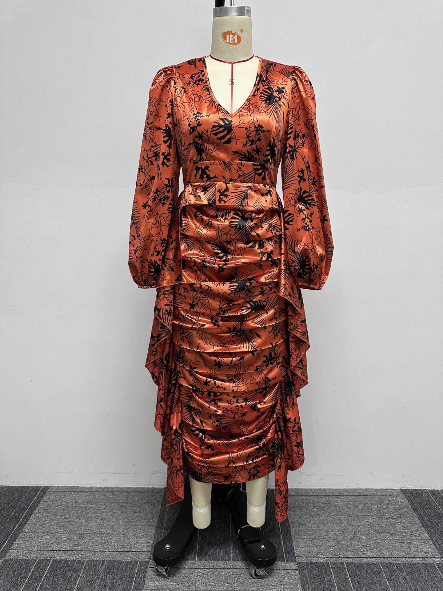 Women's Clothing Sexy Printed Ruffled Lantern Sleeve Hip Hugging Slim Fit Long Sleeve Dress_voghion.com