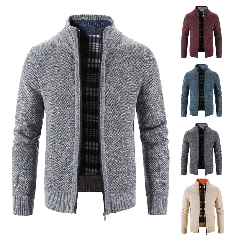 Knitted Cardigan for Men, Autumn and Winter Long-Sleeve Warm Jacquard Casual Stand-Collar Thickened Foreign Trade Sweater, Stand-Collar Sweater for Men