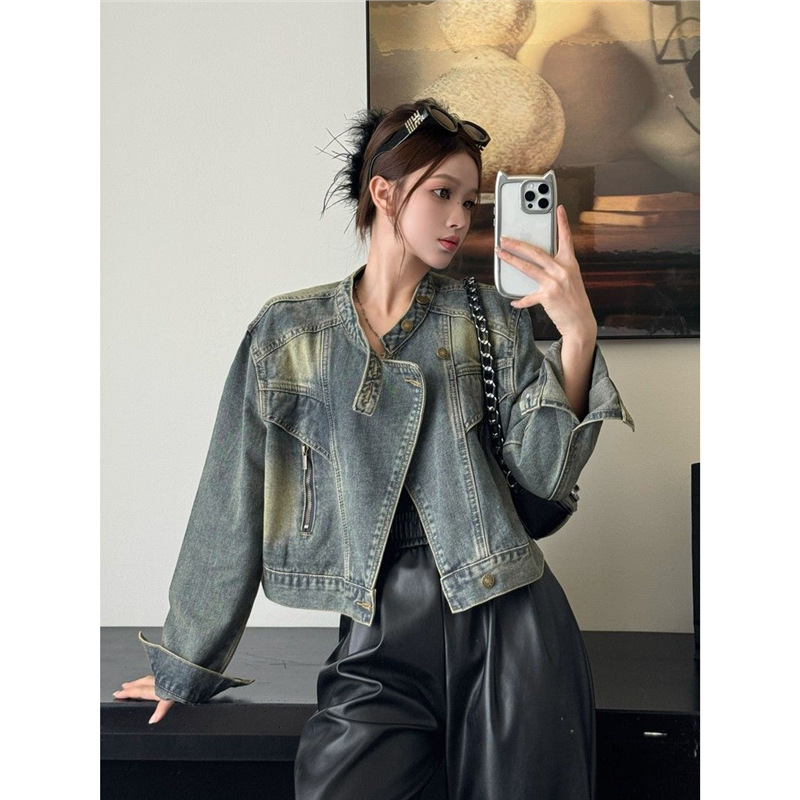 Kurtka motocyklowa dla chłopca ze stójką i dżinsowym kołnierzem, jesień 2025, nowa, unikatowa, zapinana na zamek, luźna, krótka bluzka w stylu retro_voghion.com