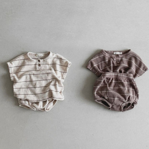 Korean style ins infant and toddler cute casual western style striped suit baby summer cotton short sleeves + shorts two-piece set