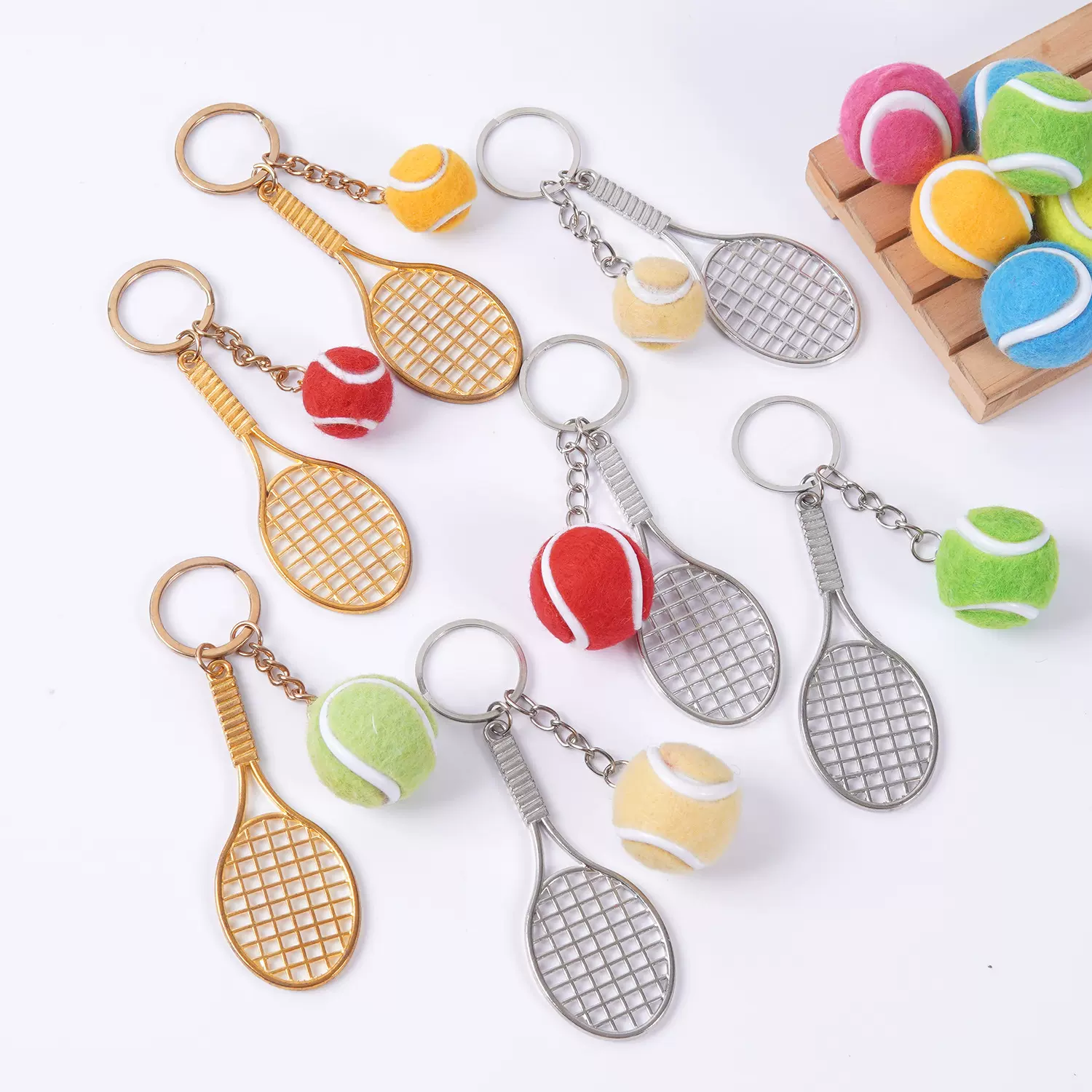 跨境货源迷你网球加球拍钥匙扣diy运动网球包包挂件抓娃娃机玩具