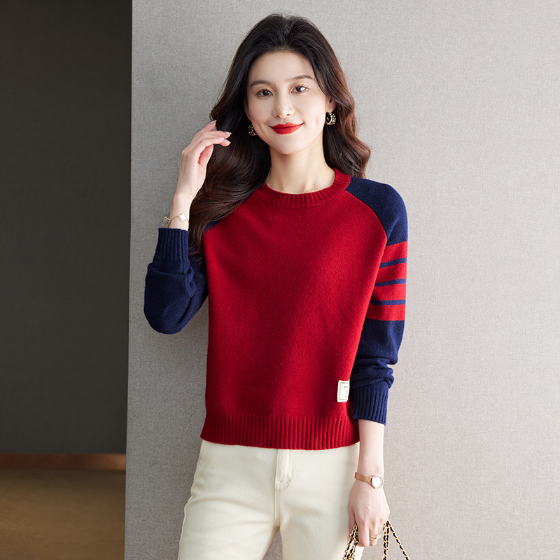 Counter Women's Wool Knitted Sweater 2024 New Autumn and Winter Fashion Color Matching Women's Inner Round Neck Base Shirt Thick