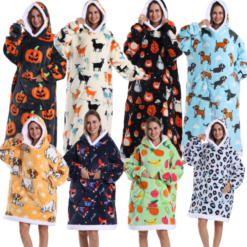 Temu generation hair winter clothing tk home pajamas lazy people TV blanket couples oversized super thick lamb fleece cross-border hoodie