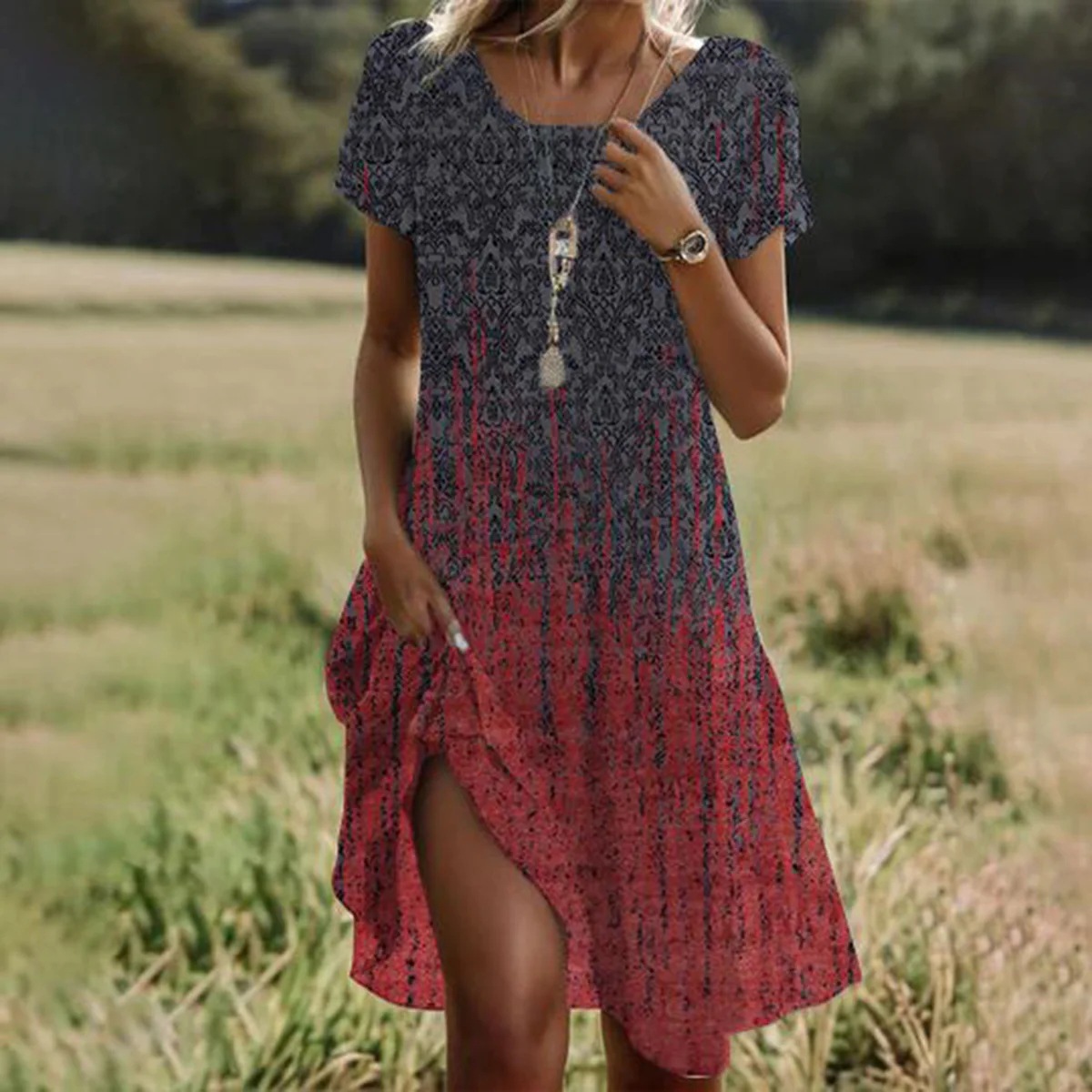 Summer Cultural And Ethnic Style Round-Necked Mid-Length Dress_ecoleips.com