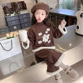 女童套装2023秋冬新款加绒花朵韩版甜美卫衣阔腿裤时髦两件套套装