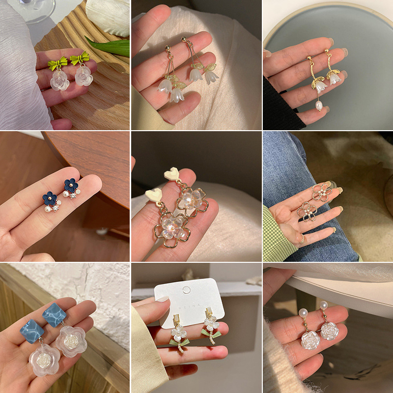 s925 colorful flower stud earrings 2025 summer new contrast earrings women‘s fresh simple all-match ear jewelry