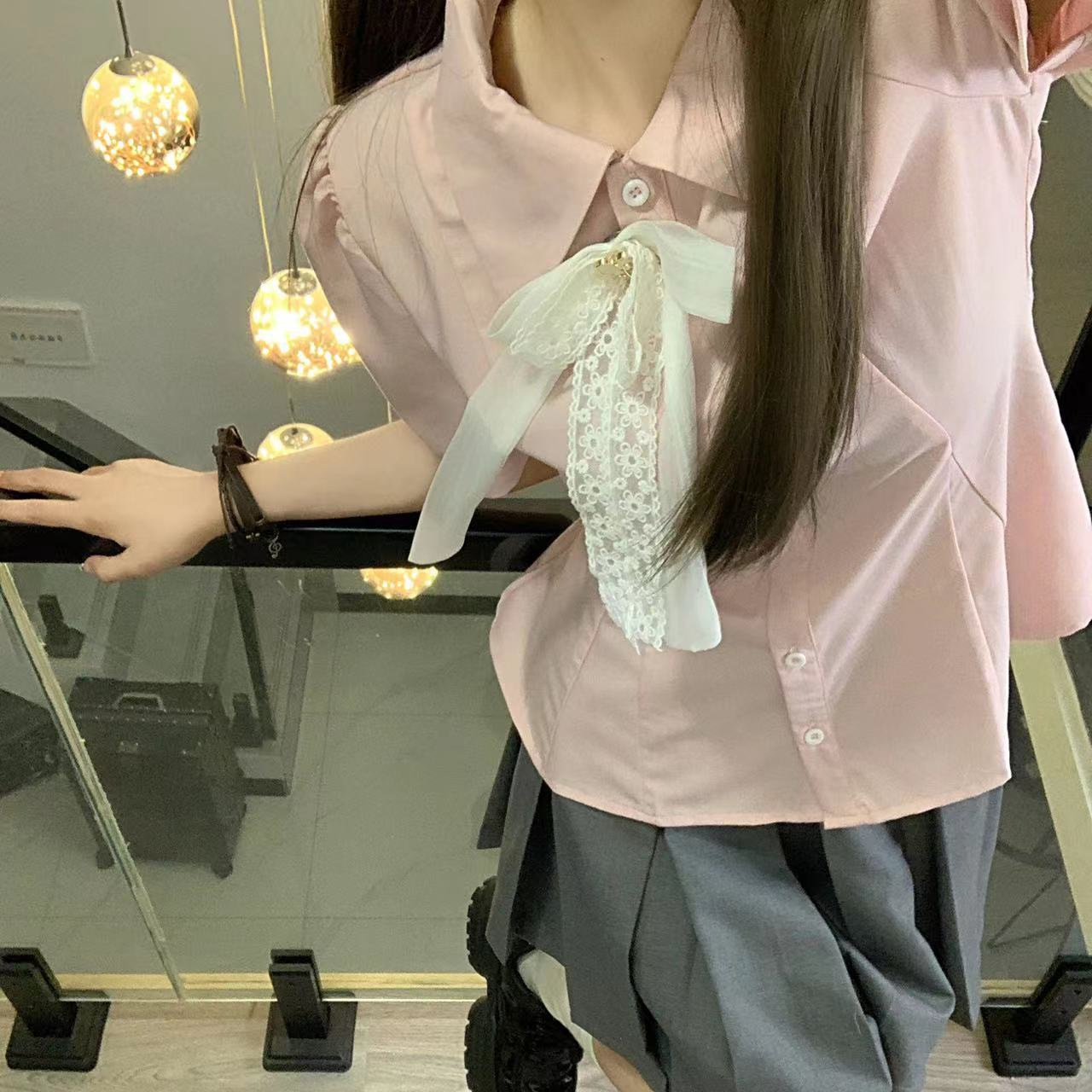 새로운 도착 핑크 달콤한 소녀 허리 셔츠 상자 주름 치마 JK 유니폼 세트 단색 한국 나비 넥타이 여름