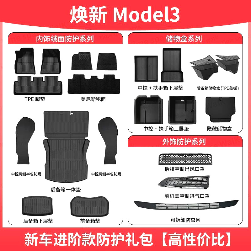 Suitable for the Updated Version of Tesla's New Cars, Carefully Selected Gift Packages, Model Y/3 Full Set of Accessories, Floor Mats, and Decorative Items