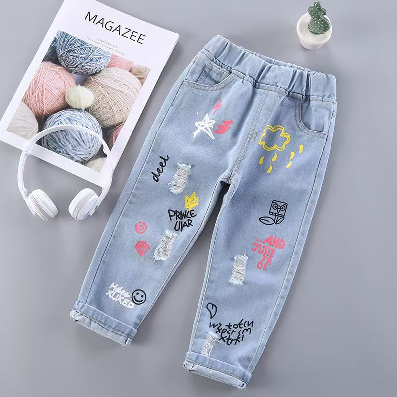 Girls jeans spring and autumn new playful cute cartoon printed denim pants spot direct supply a generation of hair Girls jeans spring and autumn new playful cute cartoon printed denim pants spot direct supply a generation of hair