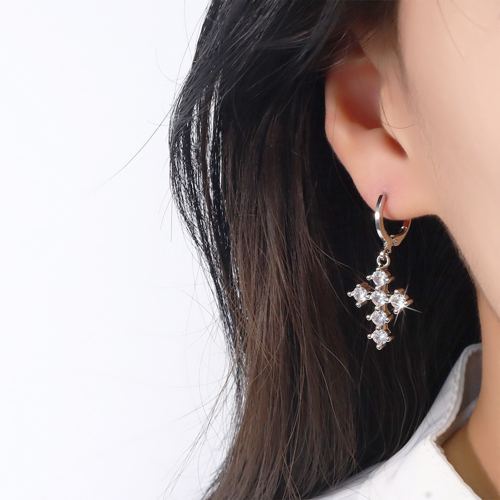Cross Zircon Ear Buckle Men's Trendy Personalized Women's Trendy Niche Design Sense Micro-inlaid Full Diamond European and American New Earrings