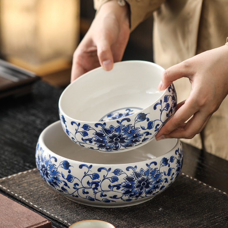 Antique-Style Celadon Blue and White Lotus Ceramic Tea Wash Basin Tea Set for Home Use, Large Tea Cup, Pen Washer, Tea Residue Jar, Water Basin