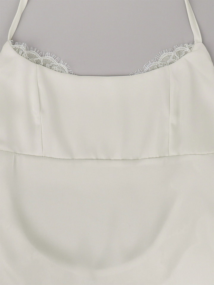 Đầm hai dây satin ngắn viền ren hở lưng buộc dây chiết eo dáng ôm — Màu trắng chi tiết 15
