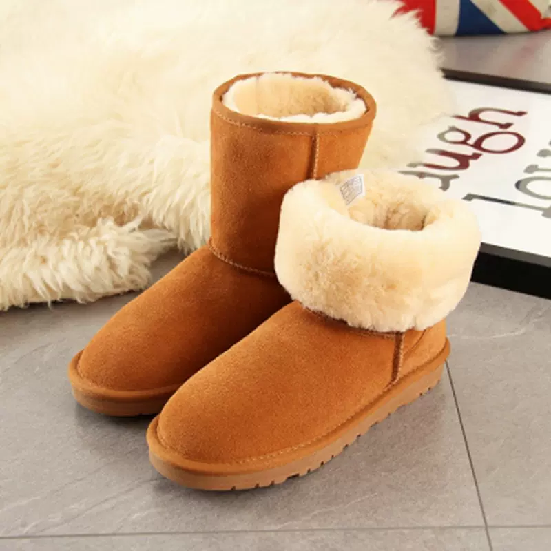 雪地靴女5825中筒真皮加厚男女鞋桑坡工厂清仓冬靴子跨境外贸代发