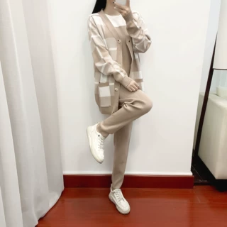 外贸欧美秋冬气质三件套装女洋气减龄休闲时尚针织外套毛衣三件套