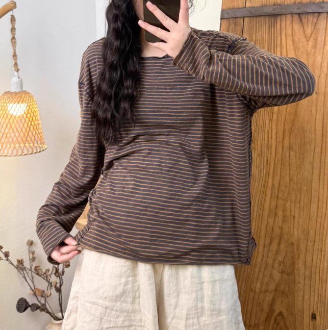 2025秋季新款复古休闲文艺宽松百搭炒色做旧细条纹针织上衣女|undefined