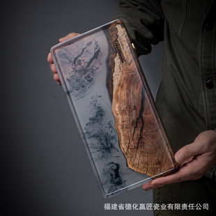 Factory in stock tea tray luxury high-end solid wood wooden new Chinese ink pomegranate epoxy resin dry bubble tea tray