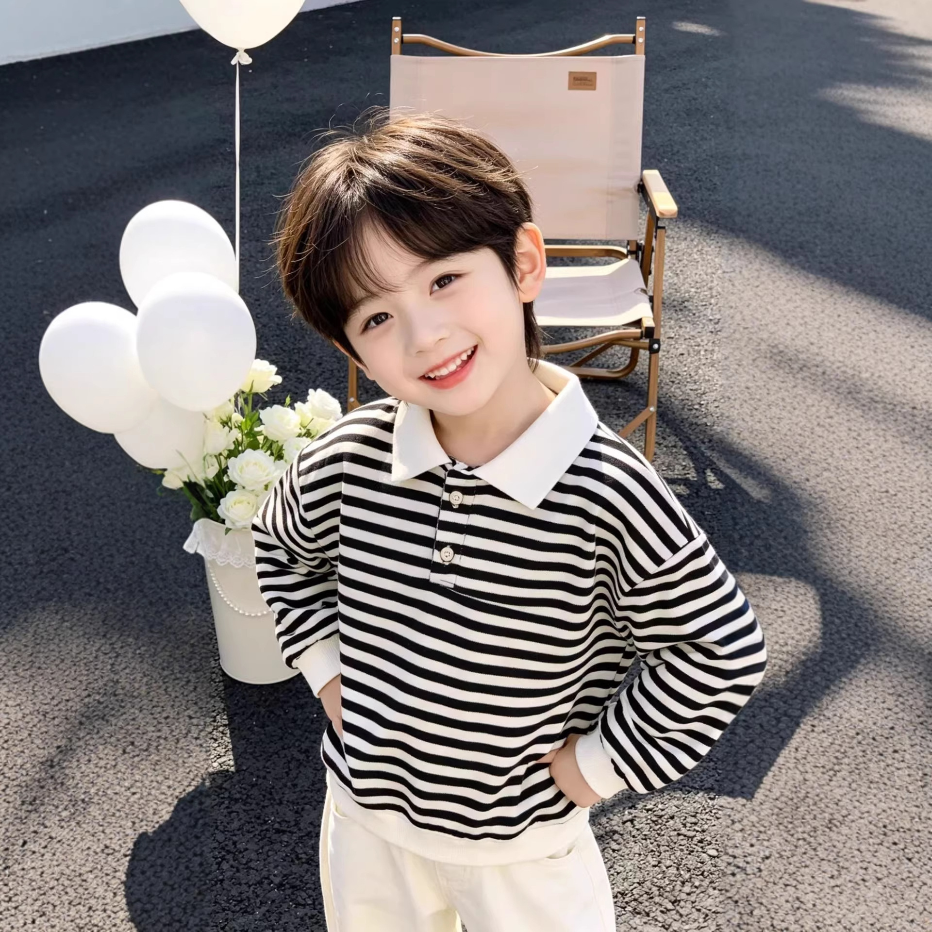 Children's long-sleeved striped polo shirt, autumn and winter stylish top for boys and girls, collared undershirt, baby T-shirt