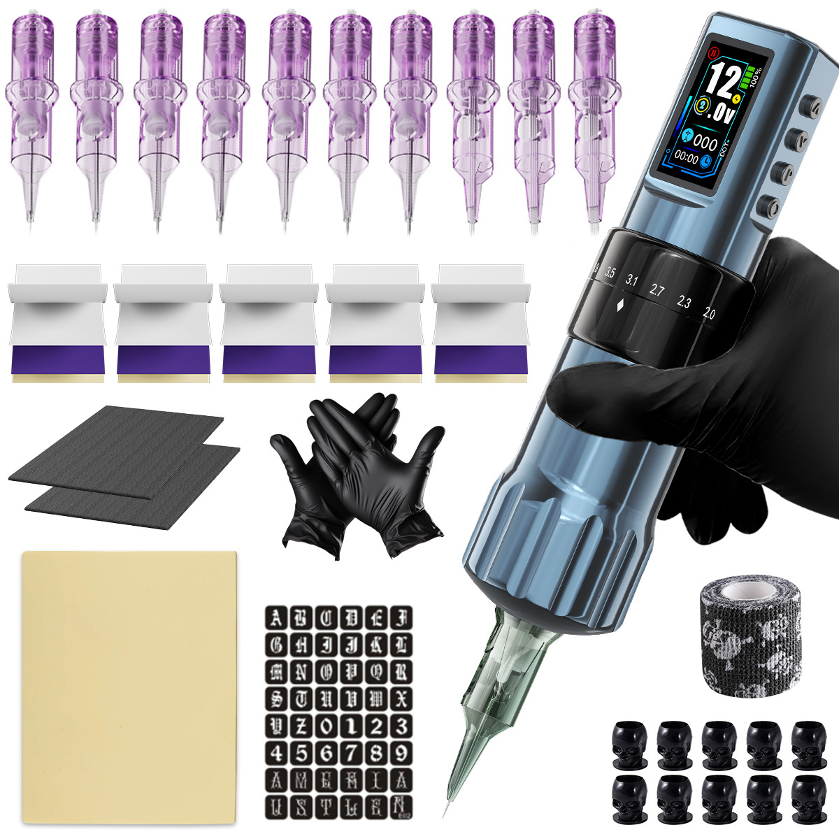Máquina de tatuaje de doble batería ajustable, conjunto de taza hueca, motor de alimentación inalámbrica, pluma de tatuaje, herramienta de corte de alambre para tatuajes