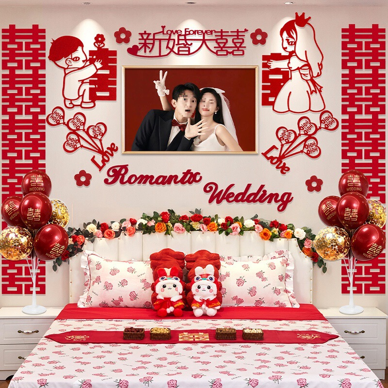主卧婚房布置套装床头拉花男方卧室装饰结婚婚纱照婚礼新房背景墙|undefined