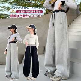 女童阔腿卫裤2025新款春秋款宽松休闲裤拼接腰头洋气运动长裤