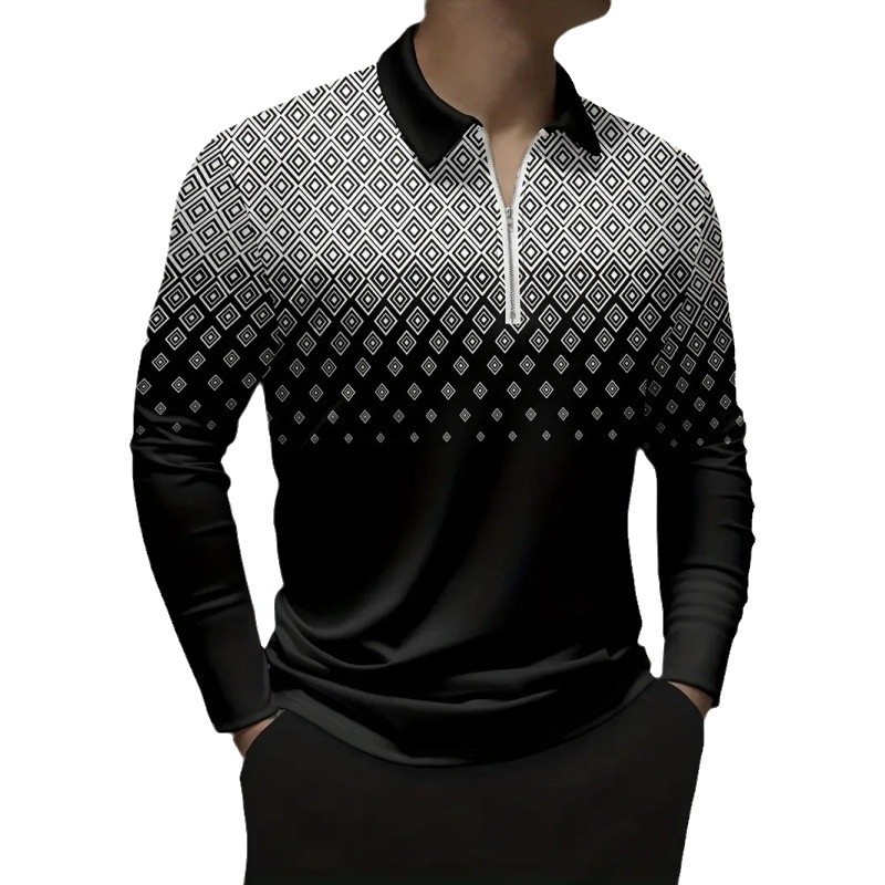 Simple retro geométrico blanco y negro patrón de degradado estampado 3D hombre casual de manga larga cremallera suelta camisa POLO