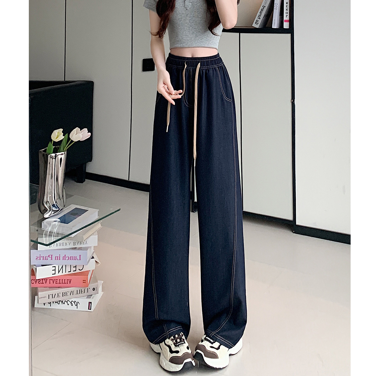 2026 봄 여름 여성용 실크 데님 팬츠, 얇은 하이웨이스트 드레이프 드로스트링 와이드 팬츠, 루즈핏 슬리밍 스트레이트 캐주얼 팬츠