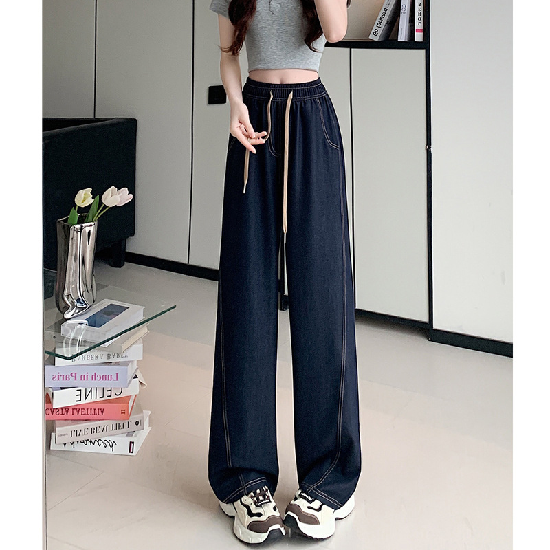 2026 Spring/Summer Women's Thin Silk Denim Pants High Waist Draped Drawstring Wide-Leg Pants Loose Slimming Straight Casual Pants 2026 Spring/Summer Women's Thin Silk Denim Pants High Waist Draped Drawstring Wide-Leg Pants Loose Slimming Straight Casual Pants