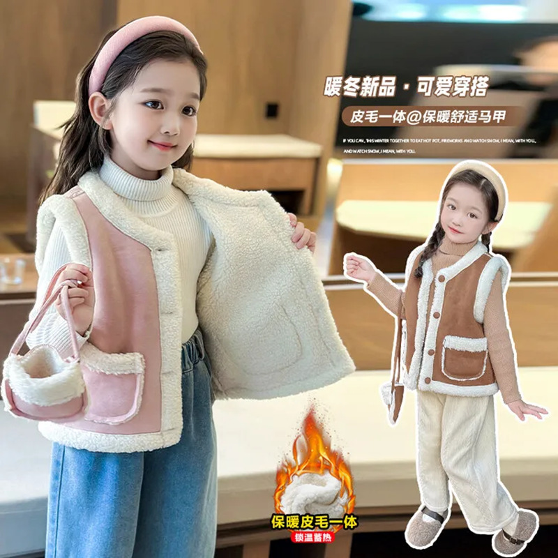 秋冬新款女孩马甲摇粒绒保暖外套百搭休闲皮毛一体宝宝女童雪尼尔