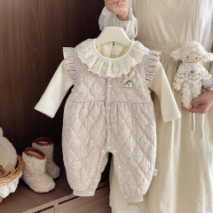 婴儿秋冬套装2025新款女宝宝加绒打底衫夹棉背带裤冬季衣服两件套