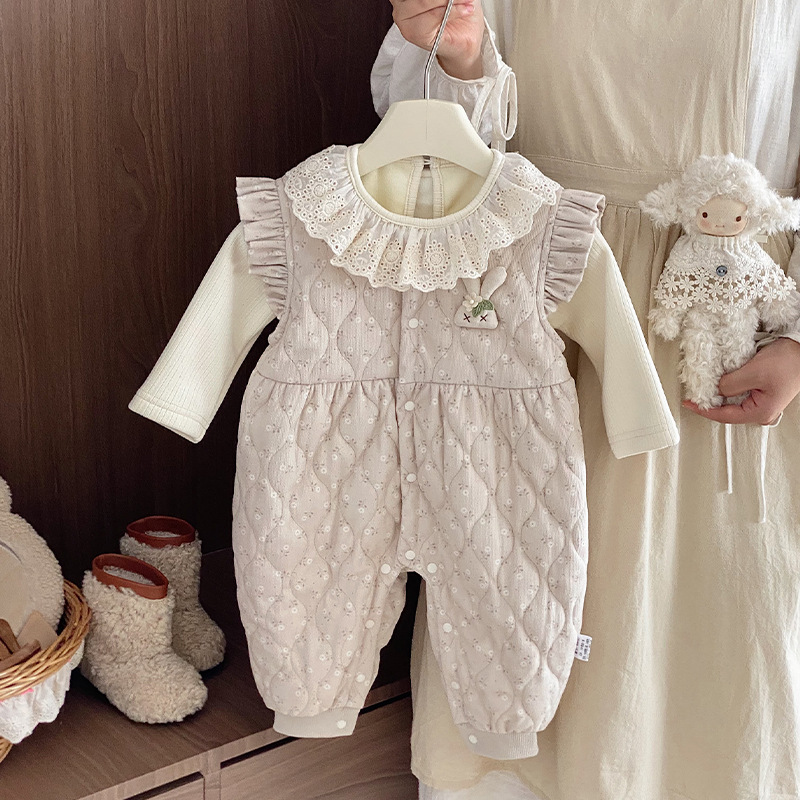 婴儿秋冬套装2025新款女宝宝加绒打底衫夹棉背带裤冬季衣服两件套
