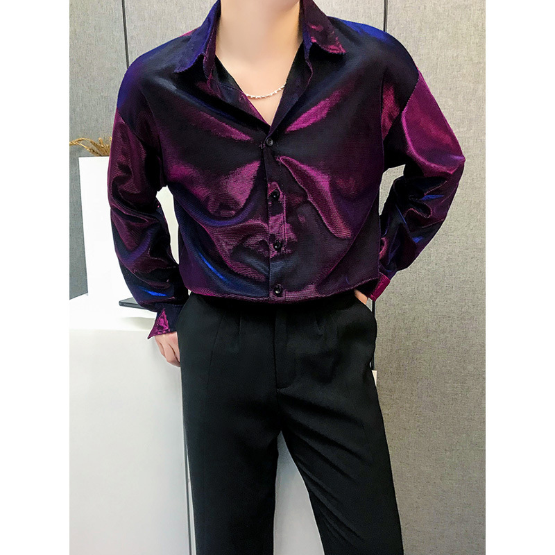 High-grade reflective bright shirt men's spring and summer ruffian handsome non-ironing drape casual loose stylist long sleeve shirt