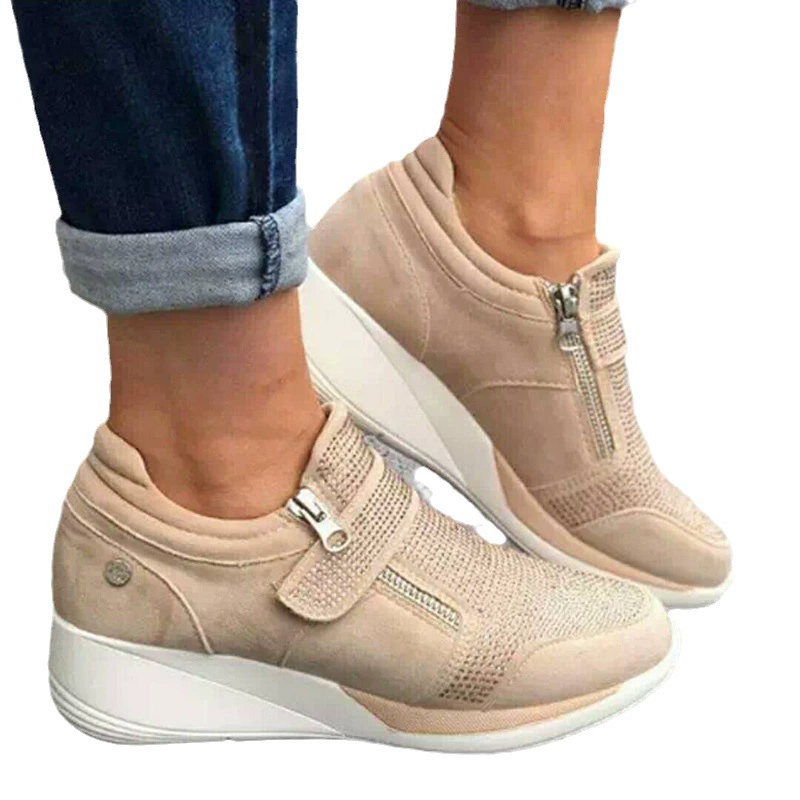 Casual platform shoes, European style, wedge sole, zipper & strap, sizes 35–43