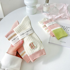 [Pink Spring Style] Pink and Green Elegant Girls College Style Versatile Mid-calf Socks Women’s Pile Socks Sports Style