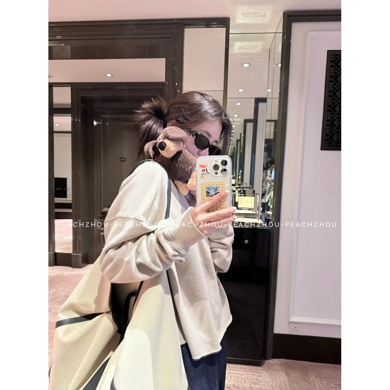 Trendy Hot Item: Peach-Colored Early Autumn Essential Basic Solid Color Rolled-Edge Loose Round-Neck Short Sweatshirt, Casual and Relaxed Fit