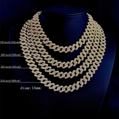 European and American Cuban chain 15mm rhombus Cuban chain double row full diamond bar men's hip-hop jewelry necklace wholesale