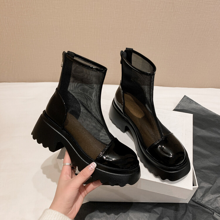 Boot ngắn nữ da thật vải lưới cao gót 6cm mùa hè phong cách Anh thoáng khí — Màu đen, Trắng be chi tiết 133