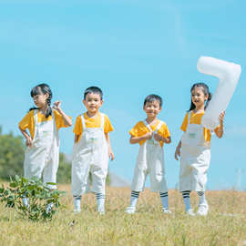 儿童刺绣白色背带裤纯棉夏季国庆爱国汇演出服装中小学班服运动会