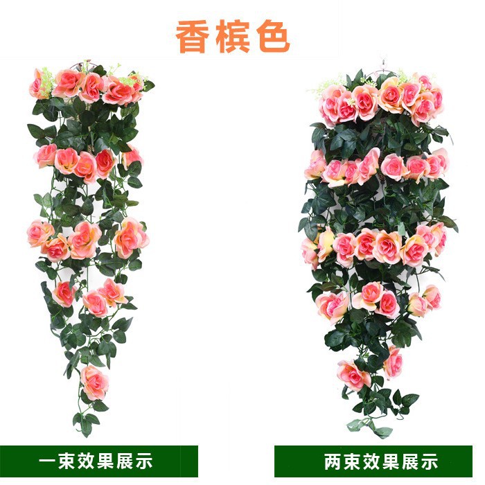 Artificial Rosa vid flor artificial ratán pared colgante pared decoración flor vid plástico cesta Planta artificial sala de estar