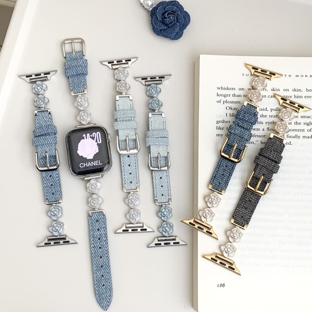 立体山茶花钻拼牛仔表带适用苹果Ultra/10/9代, 山茶花金属手表带