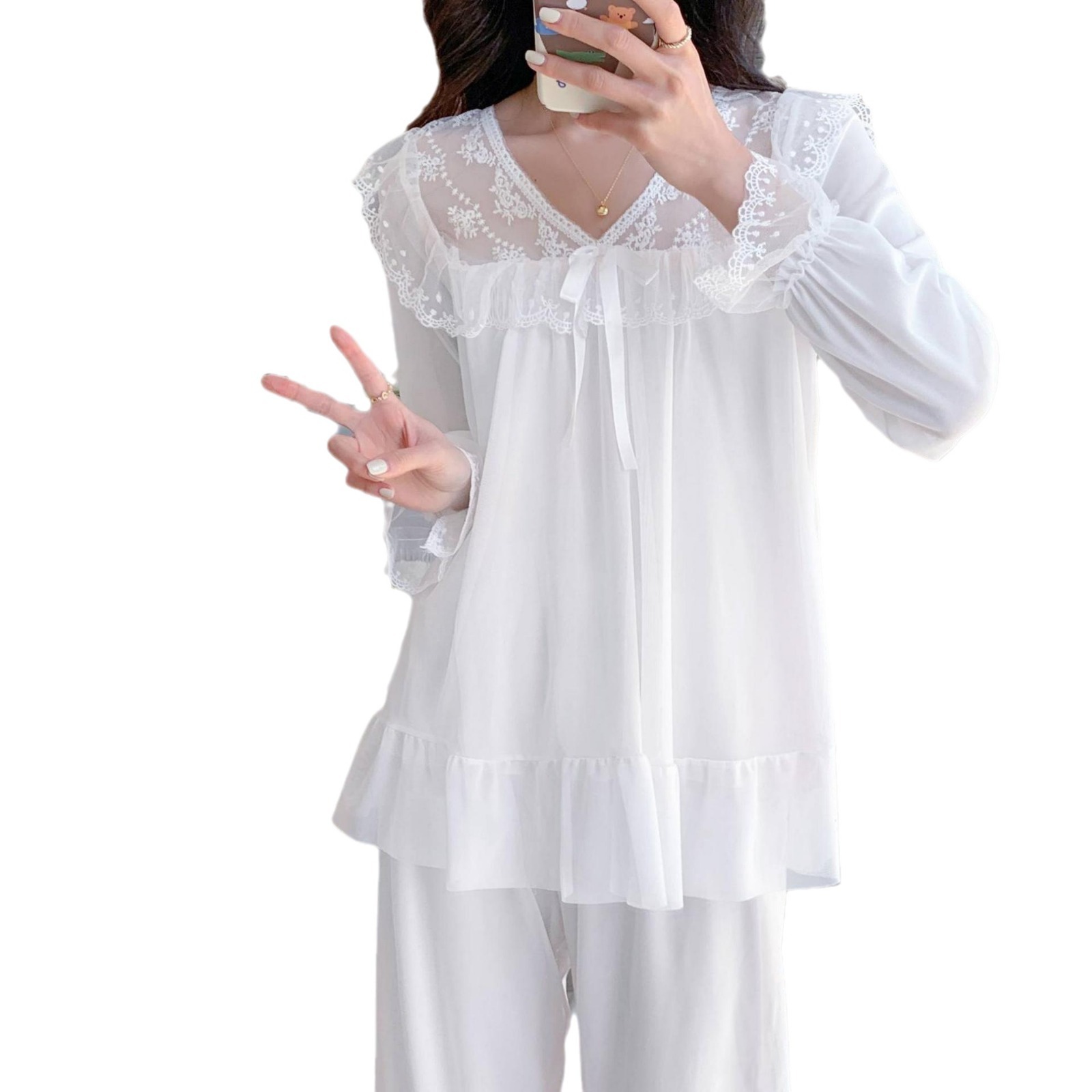 느슨한 슬리밍 잠옷 봄과 가을 새로운 공주 스타일 긴 소매 바지 세트 달콤한 레이스 화이트 메쉬 홈 옷