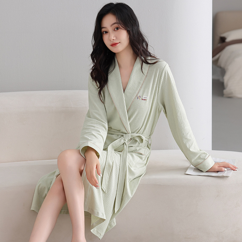 New Pure Cotton Nightgown for Women Spring and Autum Long-Sleeved Waffle Pajamas Pure Cotton Home Clothes Mid-Length Bathrobe Dressing Gown