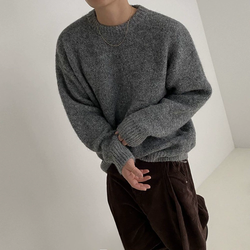 Мужской свитер oversize из пряжи, стиль Кореи, круглый ворот, демисезон осень